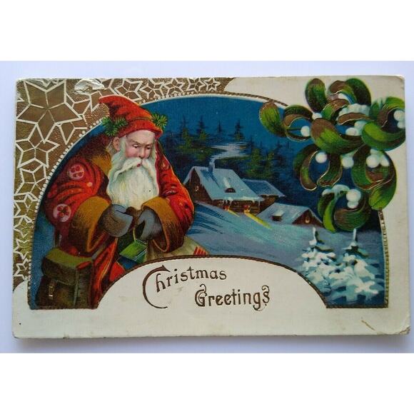 Santa Claus Christmas Postcard Germany Gel Gold Trim Vintage Original Old World - Picture 2 of 5